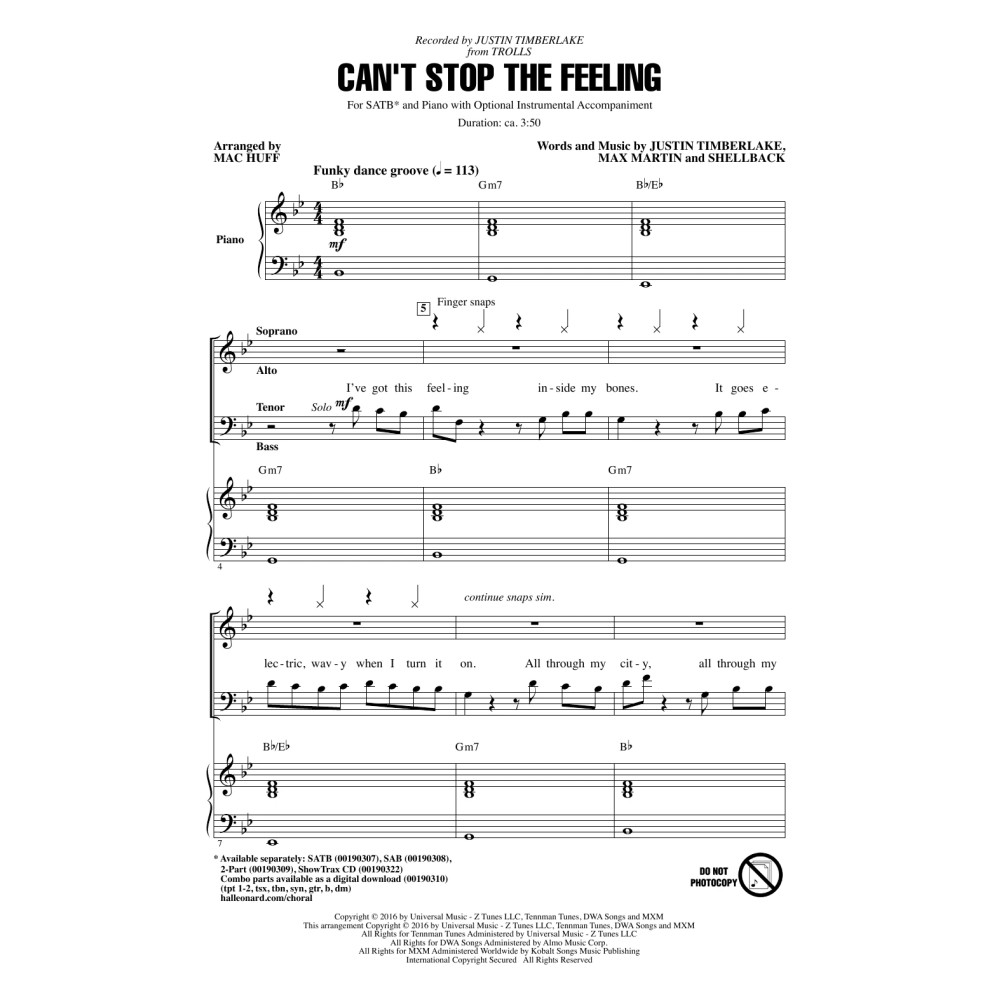Can't Stop The Feeling (from Trolls) (arr. Mac Huff)