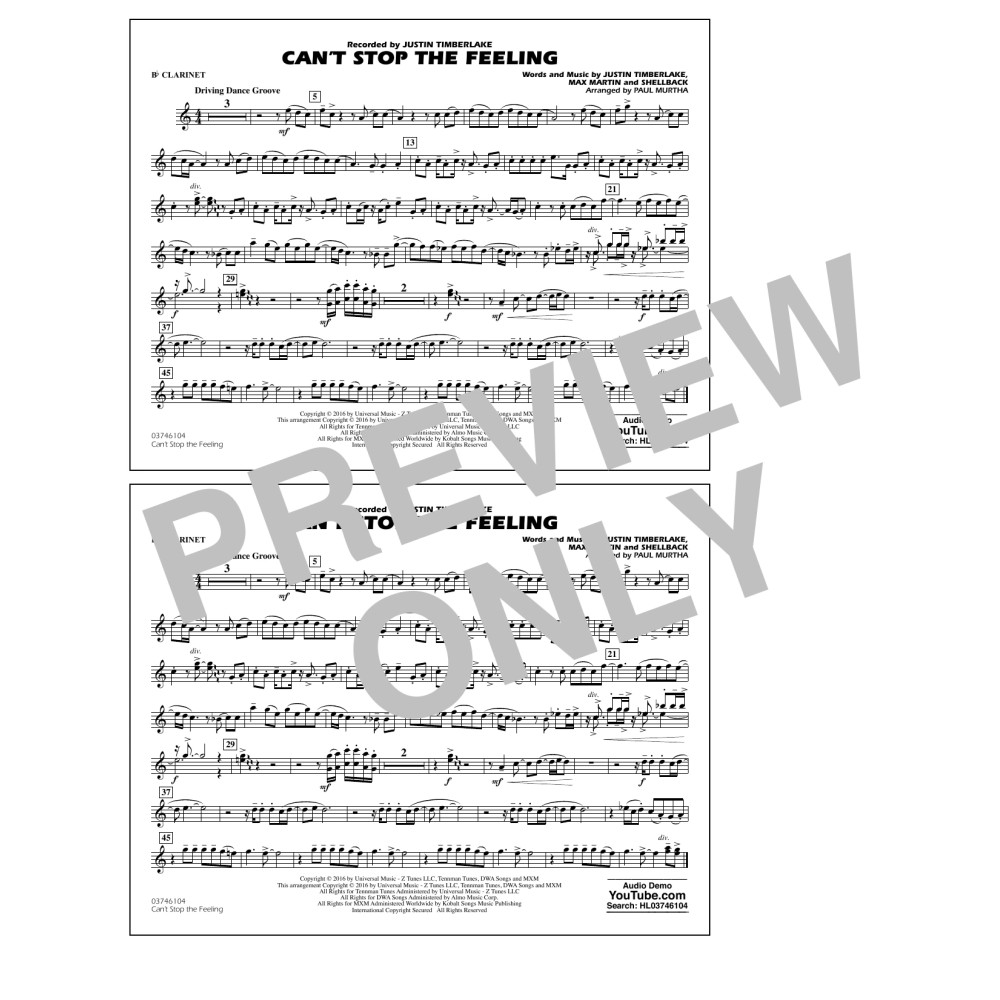 Can't Stop the Feeling (from Trolls) - Bb Clarinet
