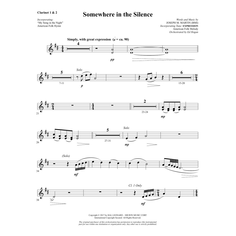 Somewhere in the Silence - Bb Clarinet 1 & 2