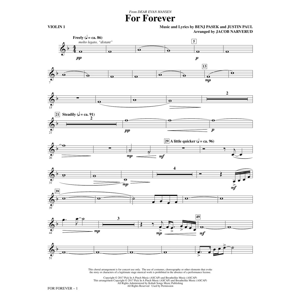 For Forever (from Dear Evan Hansen) (arr. Jacob Narverud) - Violin 1