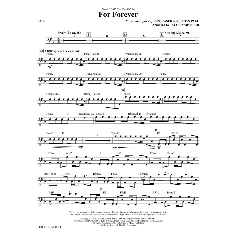 For Forever (from Dear Evan Hansen) (arr. Jacob Narverud) - Bass