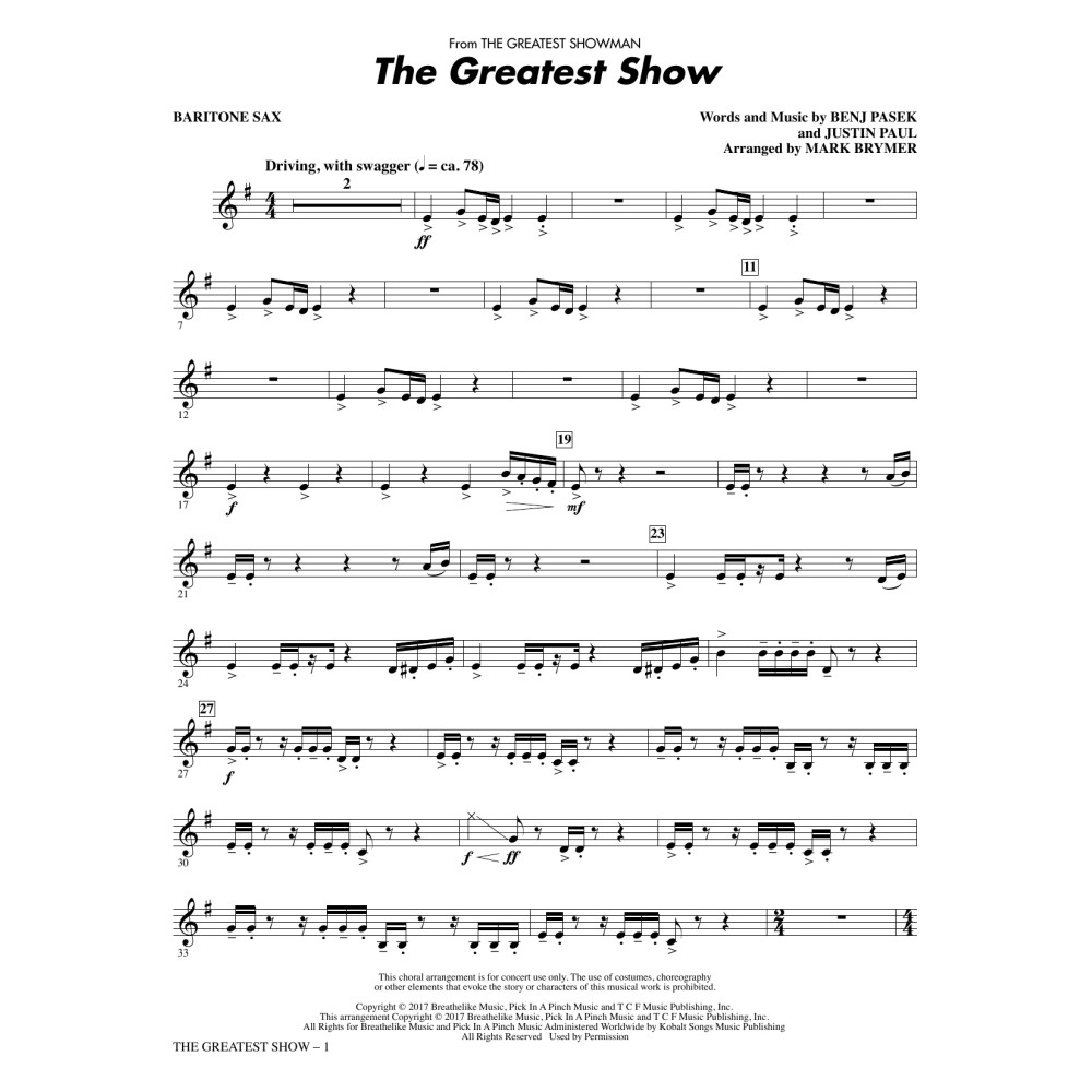 The Greatest Show (arr. Mark Brymer) - Baritone Sax