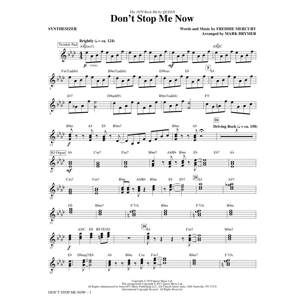 Don't Stop Me Now (arr. Mark Brymer) - Synthesizer
