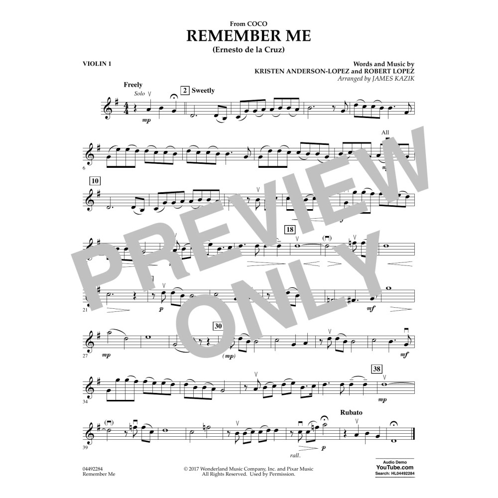 Remember Me (from Coco) (arr. James Kazik) - Violin 1