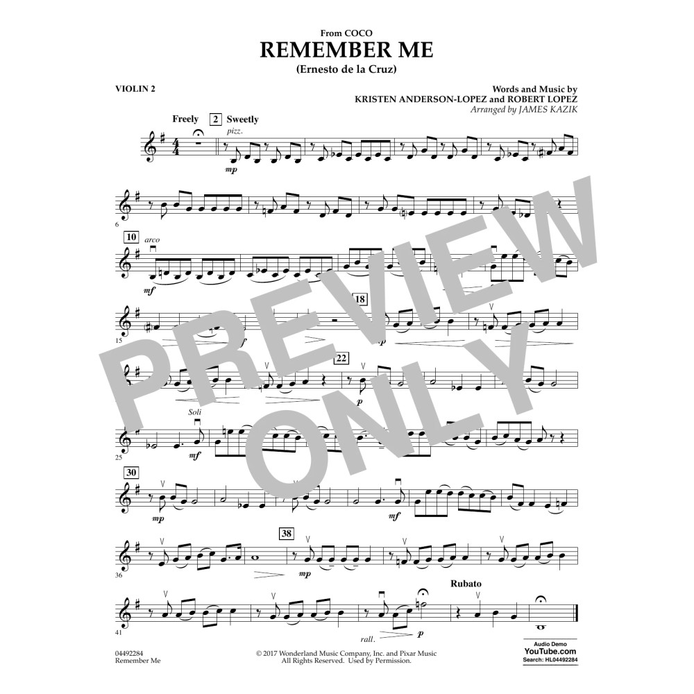 Remember Me (from Coco) (arr. James Kazik) - Violin 2