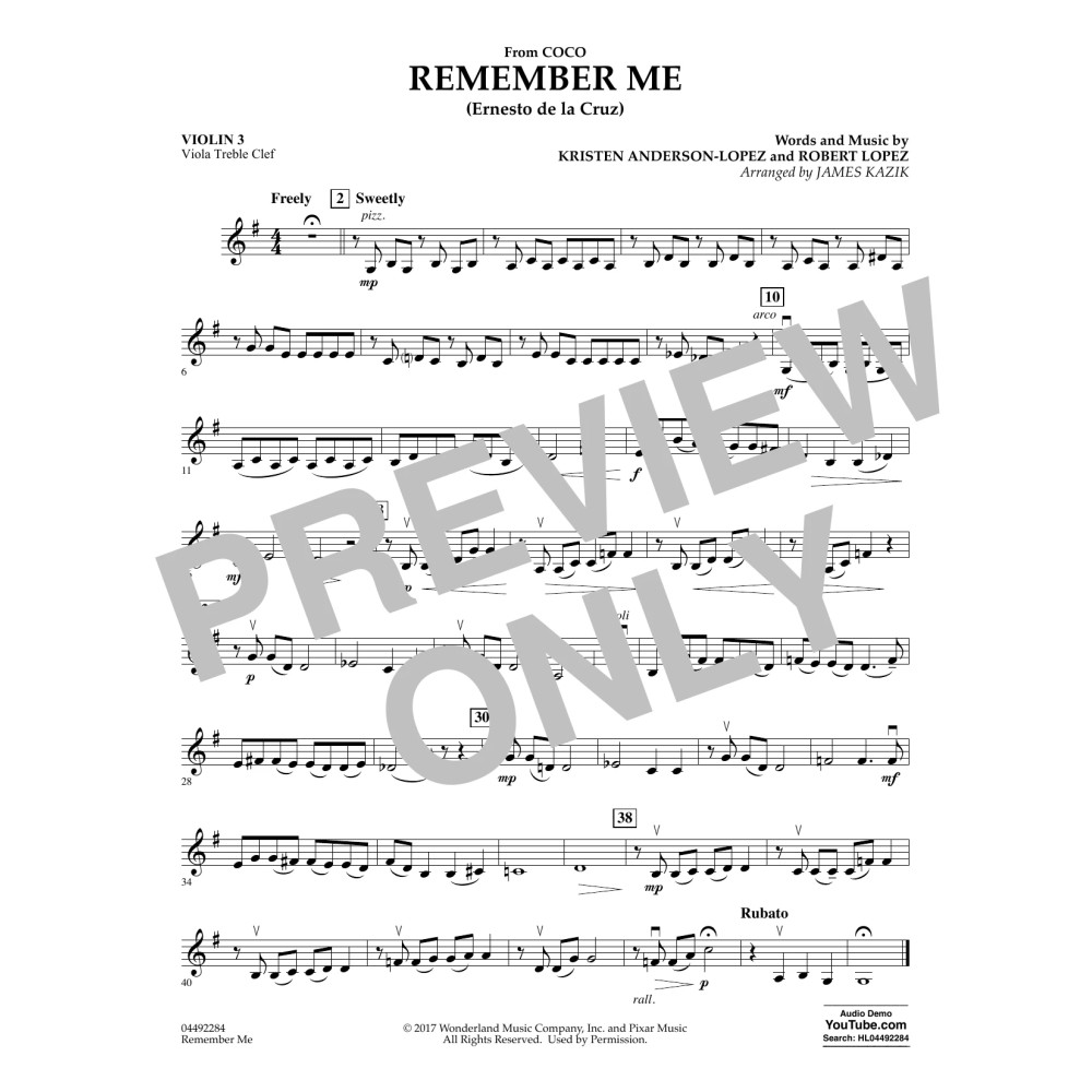 Remember Me (from Coco) (arr. James Kazik) - Violin 3 (Viola Treble Clef)