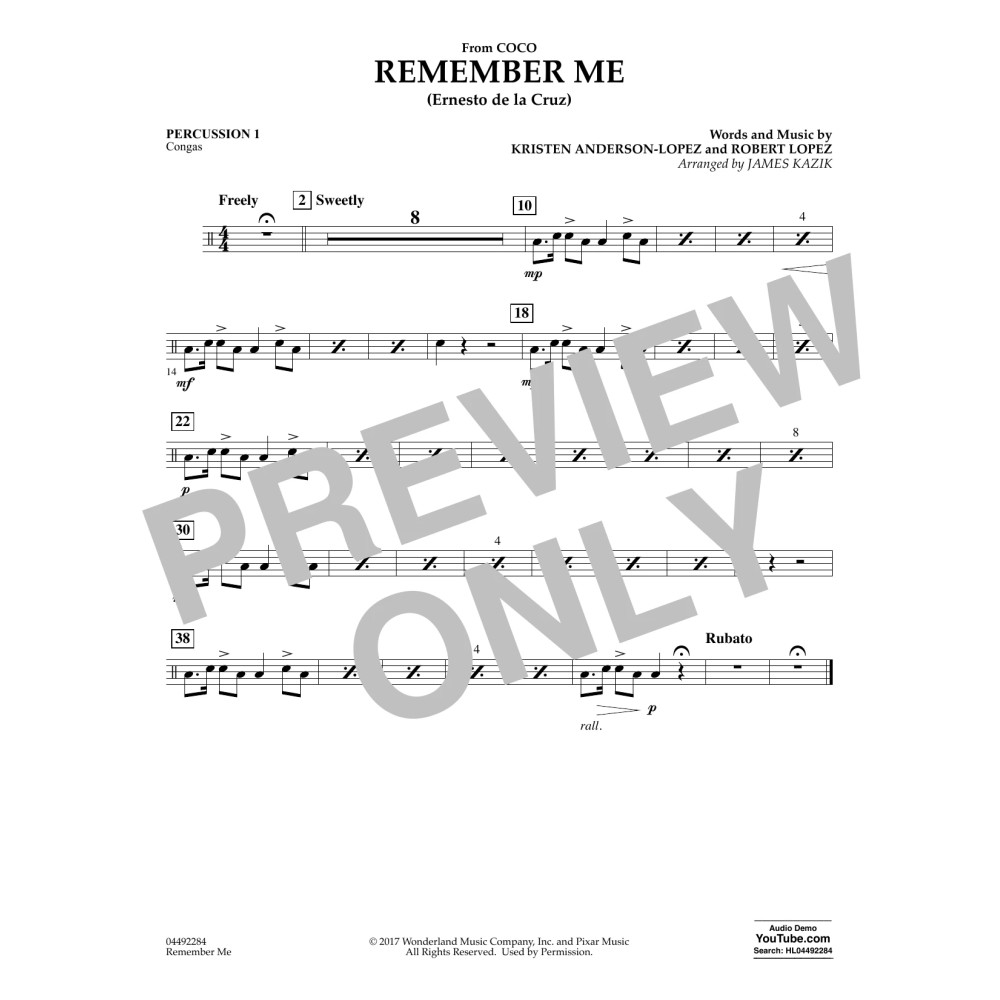 Remember Me (from Coco) (arr. James Kazik) - Percussion 1