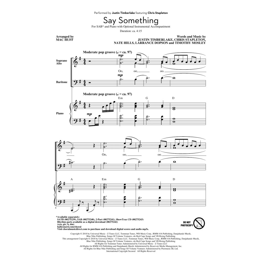 Say Something (feat. Chris Stapleton) (arr. Mac Huff)