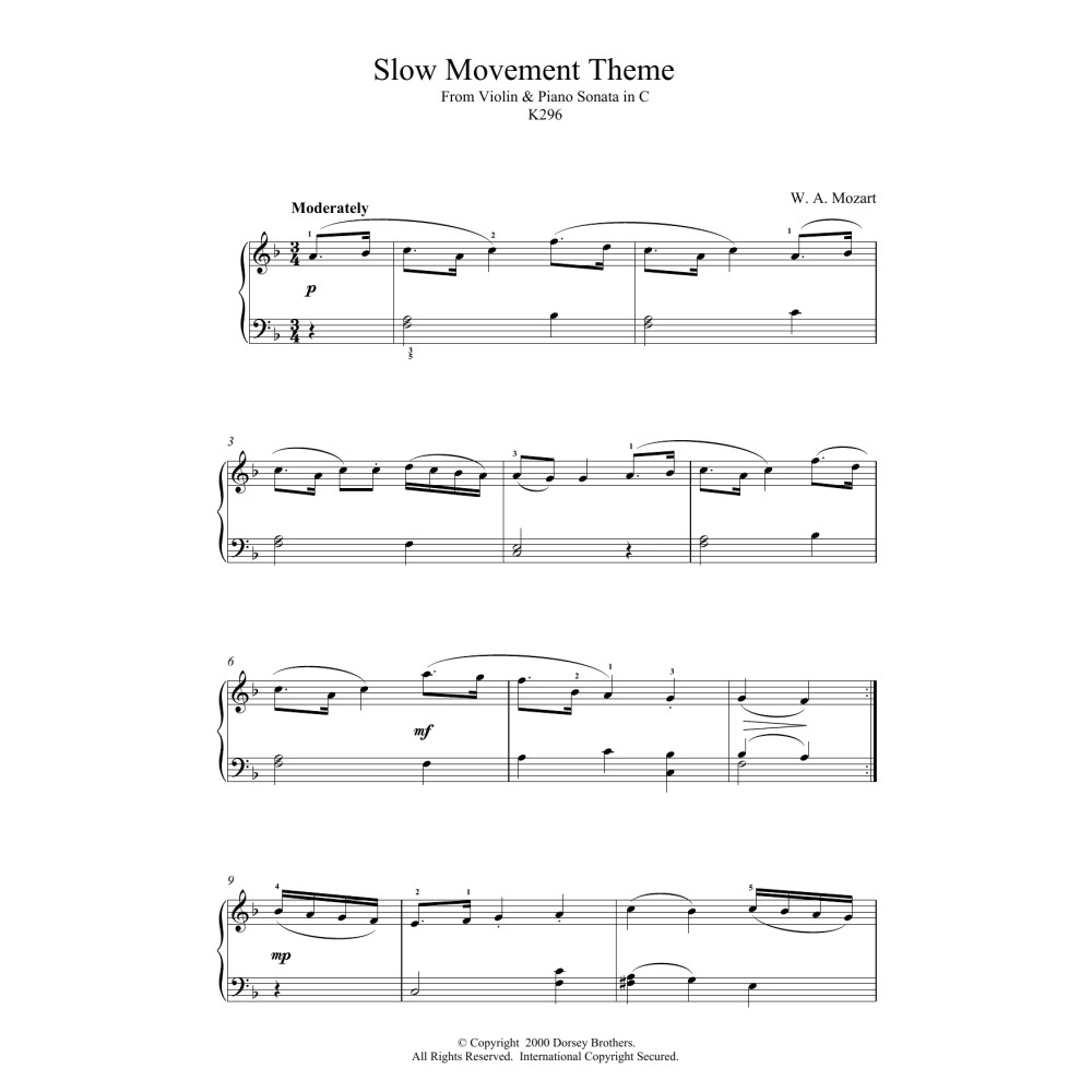 Slow Movement Theme from Violin and Piano Sonata in C, K296