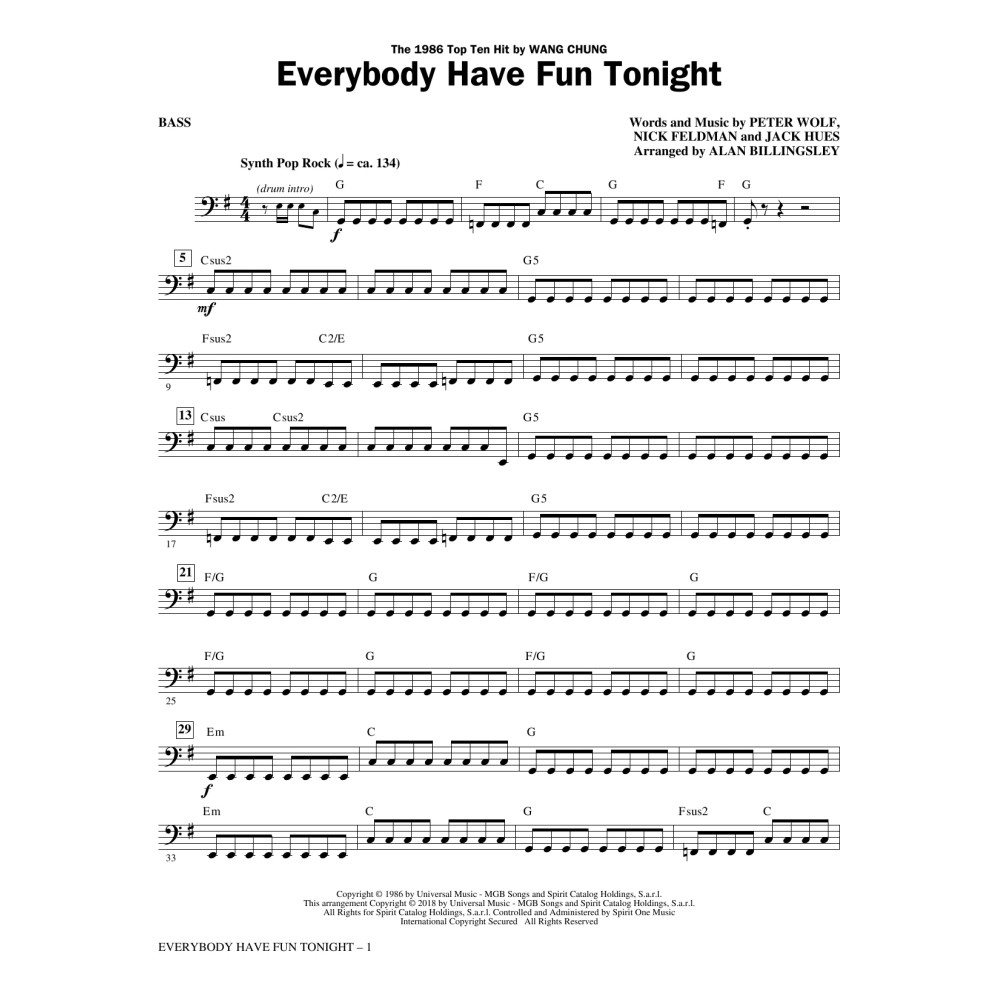 Everybody Have Fun Tonight (arr. Alan Billingsley) - Bass