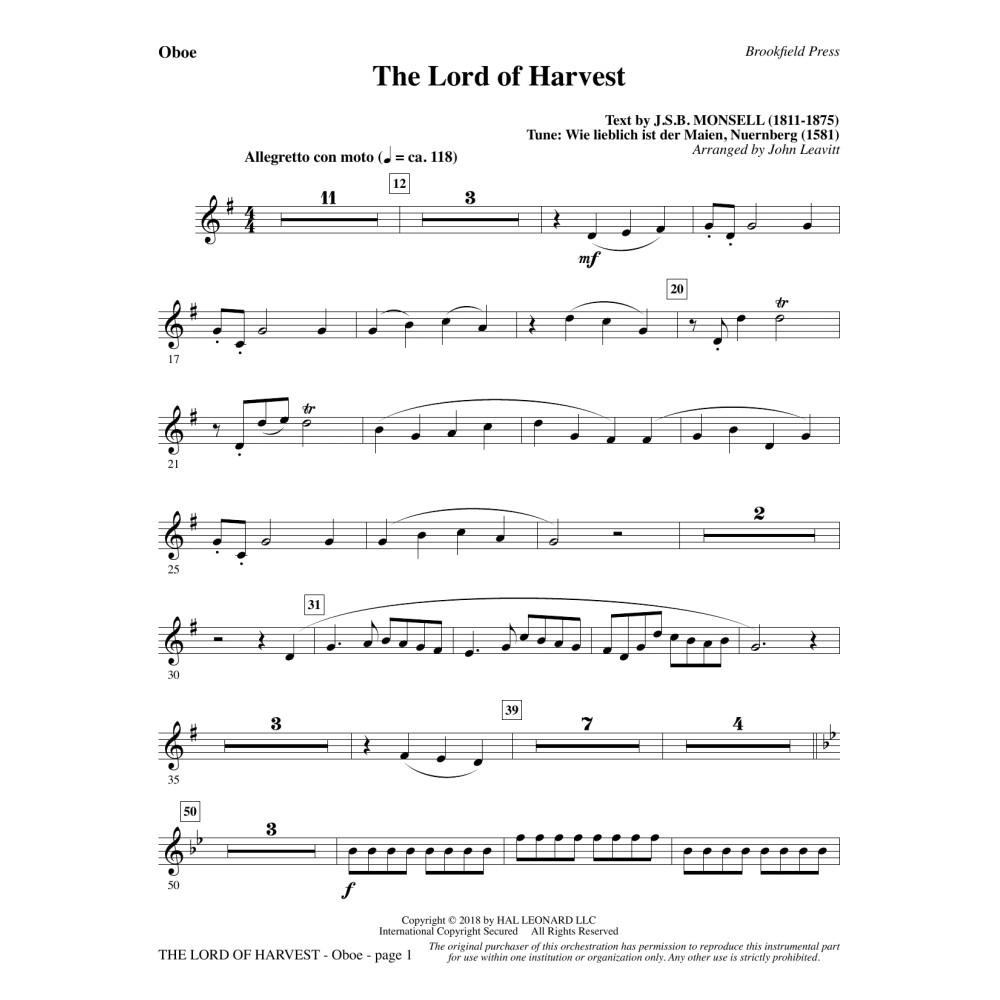 The Lord of Harvest - Oboe
