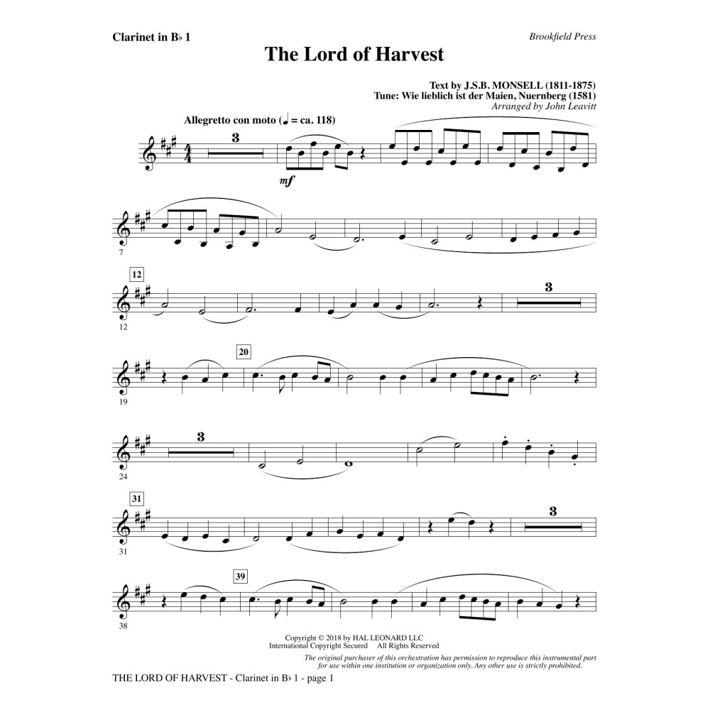 The Lord of Harvest - Bb Clarinet 1