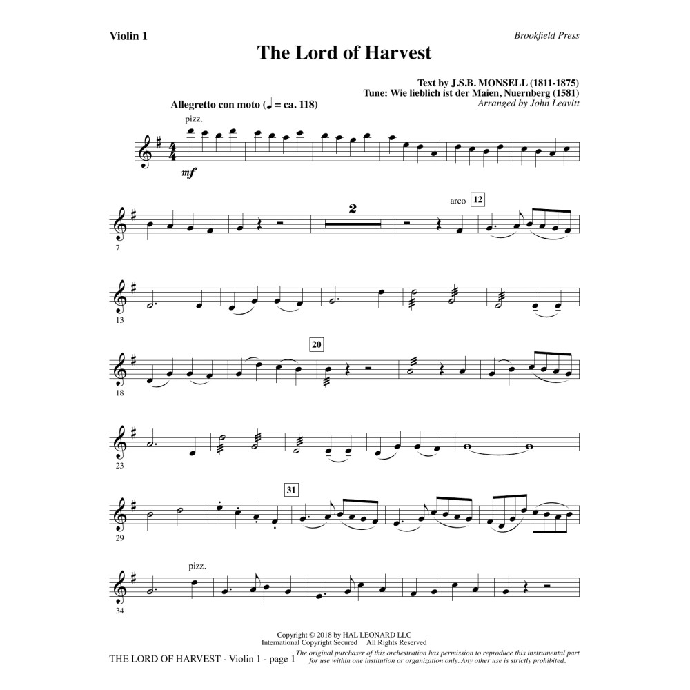 The Lord of Harvest - Violin 1