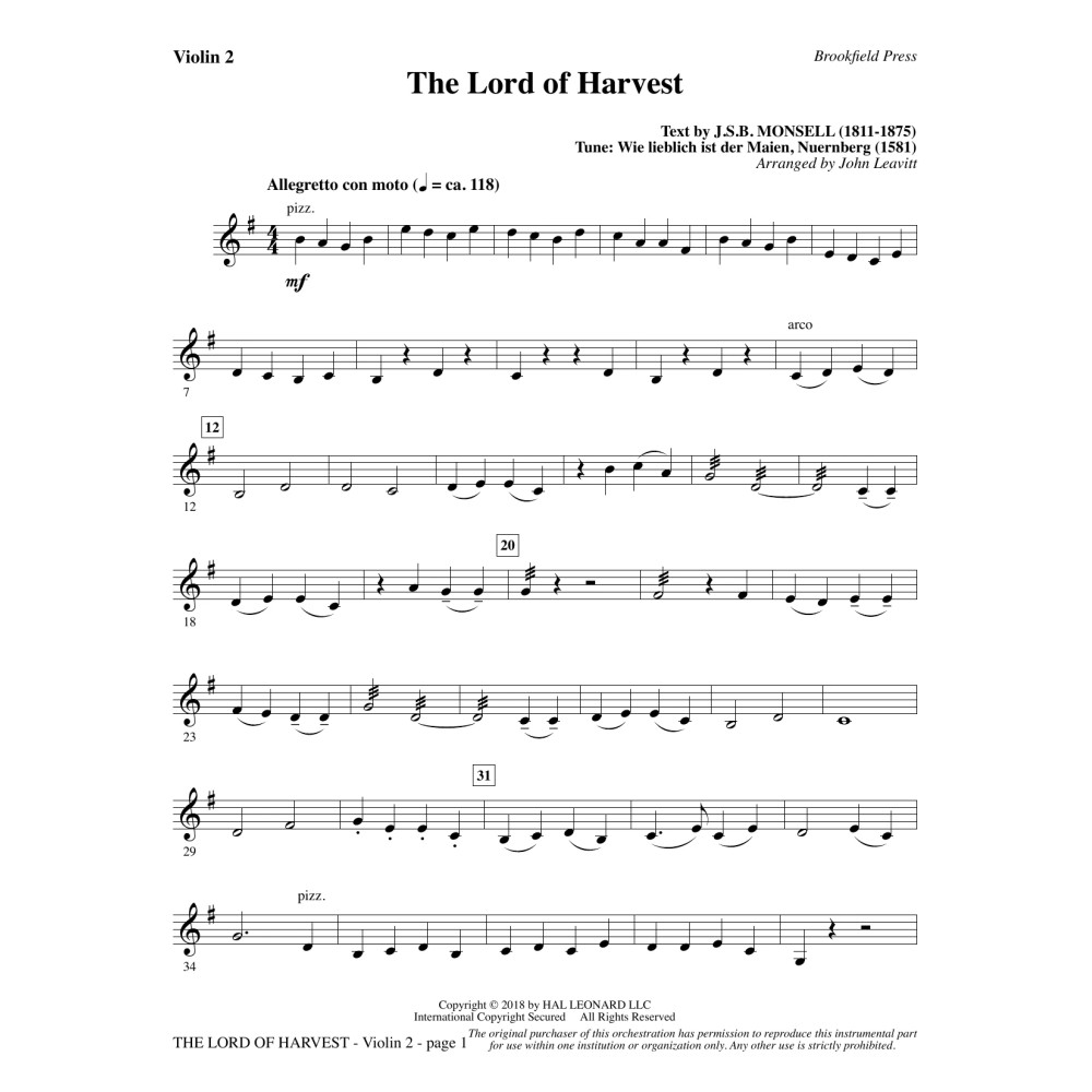 The Lord of Harvest - Violin 2