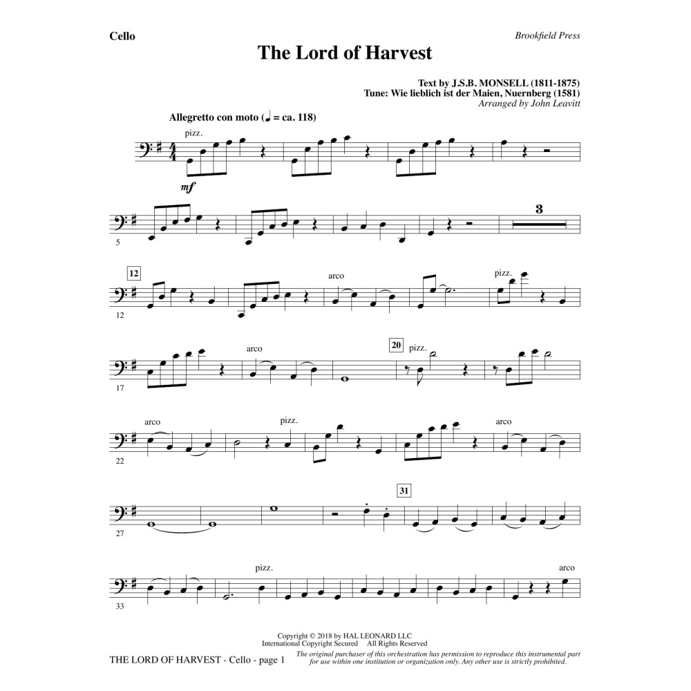 The Lord of Harvest - Cello