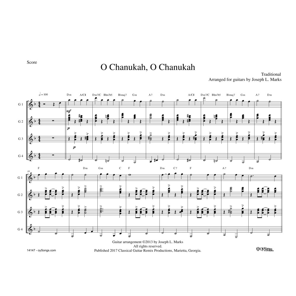 O Chanukah for Guitar Quartet (arr. Joe Marks)