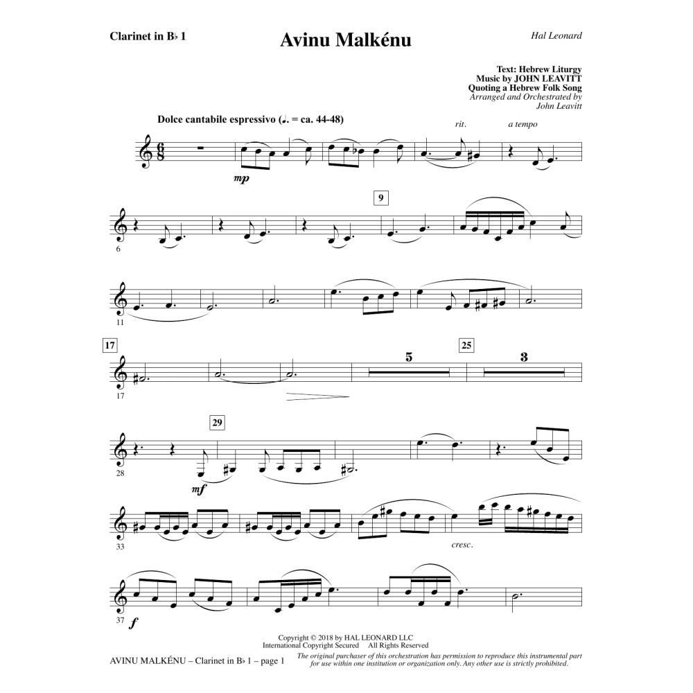 Avinu Malkénu - Bb Clarinet 1