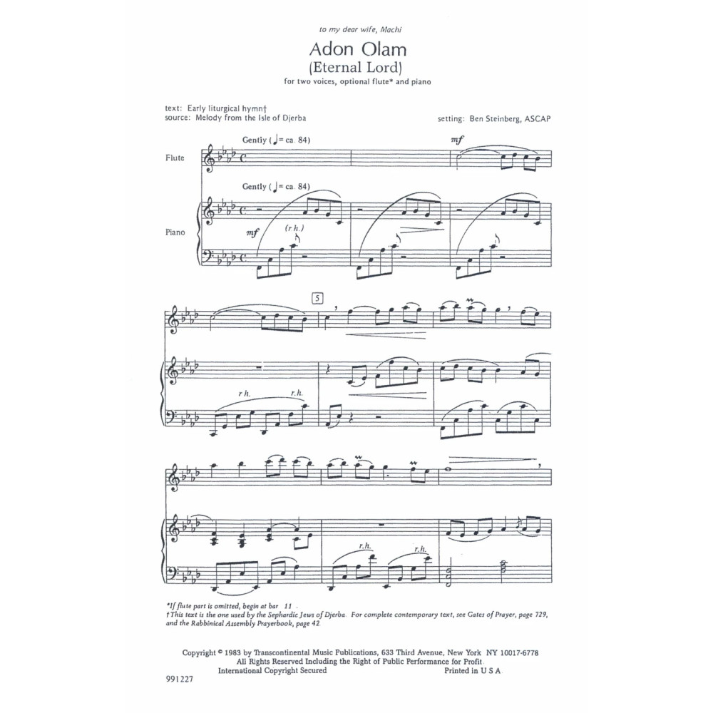 Adon Olam (Lord Of The World) 2 Voices, Optional Flute, Keyboard