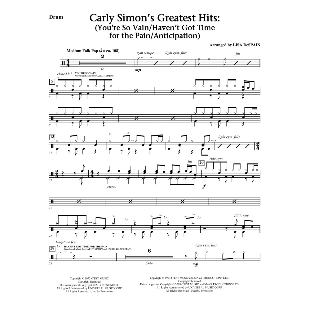 Carly Simon's Greatest Hits: A Choral Medley (arr. Lisa Despain) - Bass