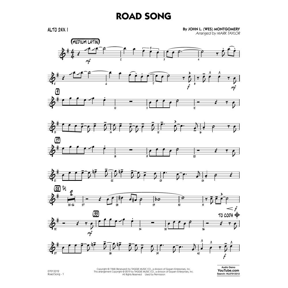 Road Song (arr. Mark Taylor) - Alto Sax 1