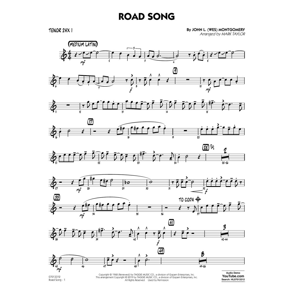 Road Song (arr. Mark Taylor) - Tenor Sax 1