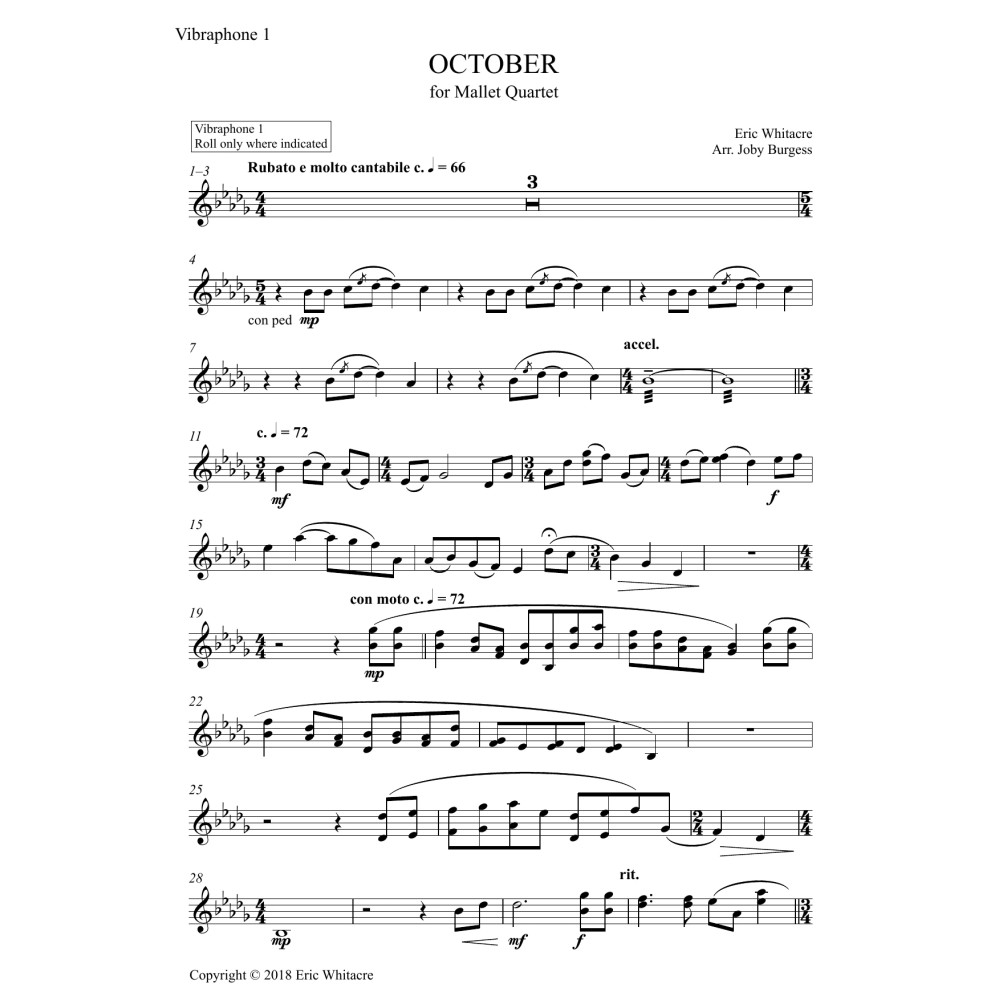 October (Alleluia) for Mallet Quartet (arr. Joby Burgess) - Vibraphone 1