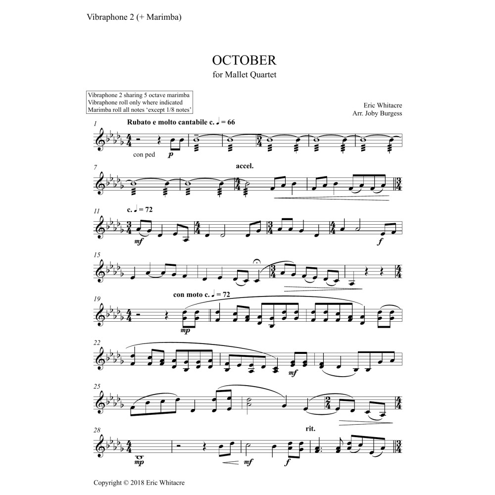 October (Alleluia) for Mallet Quartet (arr. Joby Burgess) - VIBRAPHONE 2 SHARE MARIMBA 2