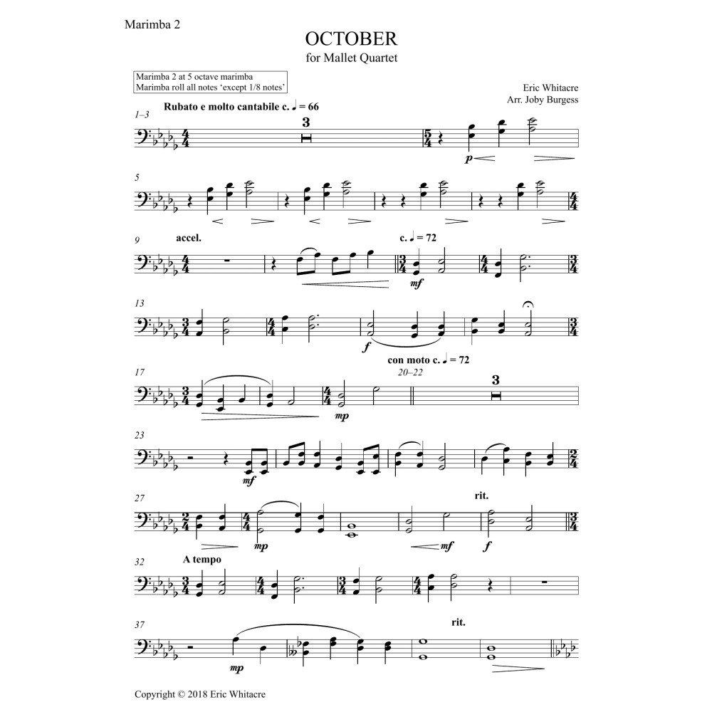 October (Alleluia) for Mallet Quartet (arr. Joby Burgess) - Marimba 2