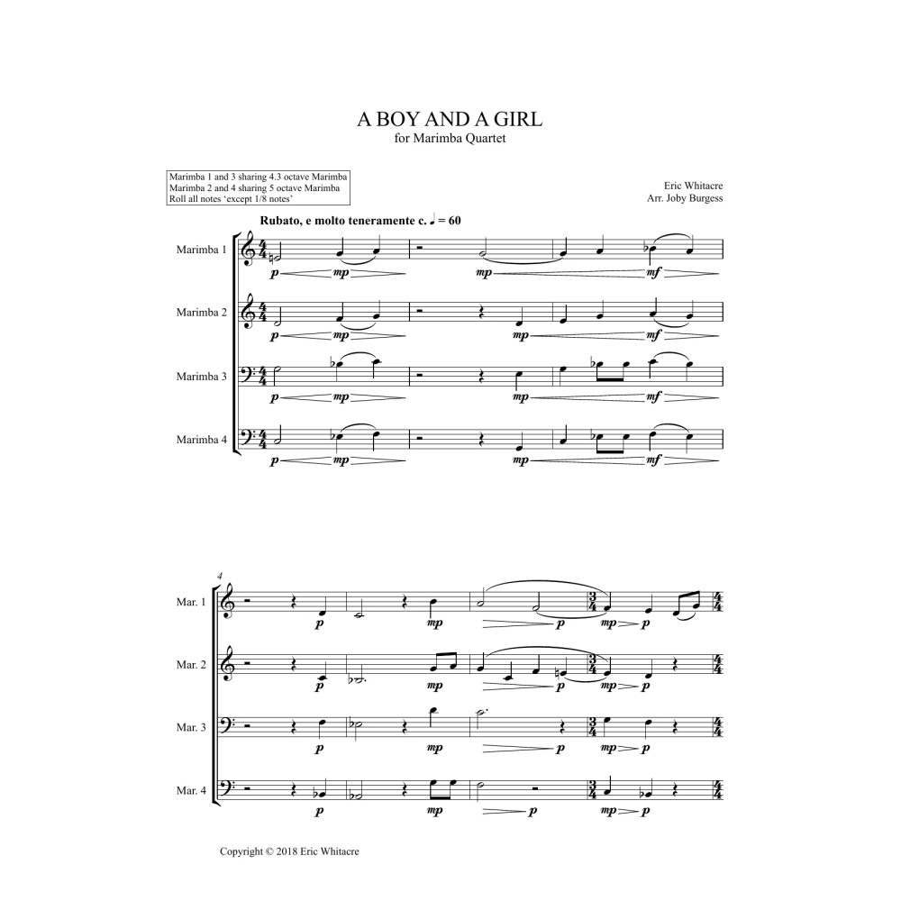 A Boy And A Girl for Marimba Quartet (arr. Joby Burgess) - Full Score
