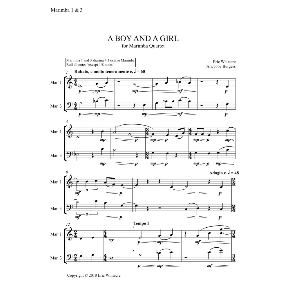 A Boy And A Girl for Marimba Quartet (arr. Joby Burgess) - MARIMBA 1 & 3
