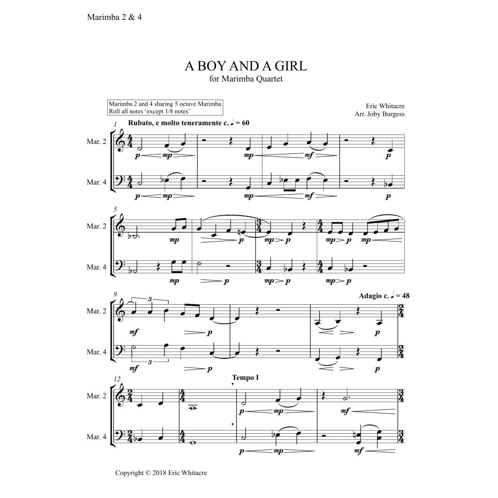 A Boy And A Girl for Marimba Quartet (arr. Joby Burgess) - MARIMBA 2 & 4
