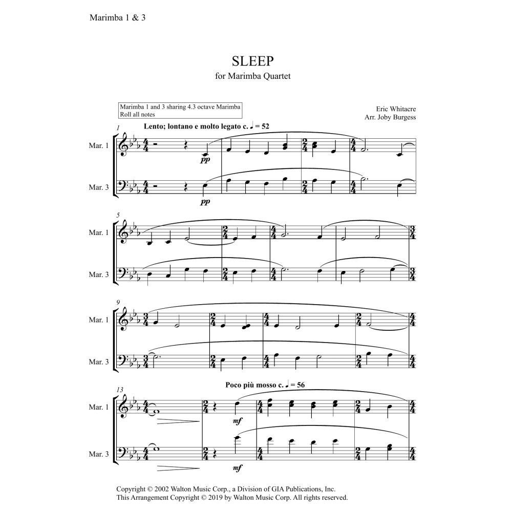 Sleep for Marimba Quartet (arr. Joby Burgess) - MARIMBA 1 & 3