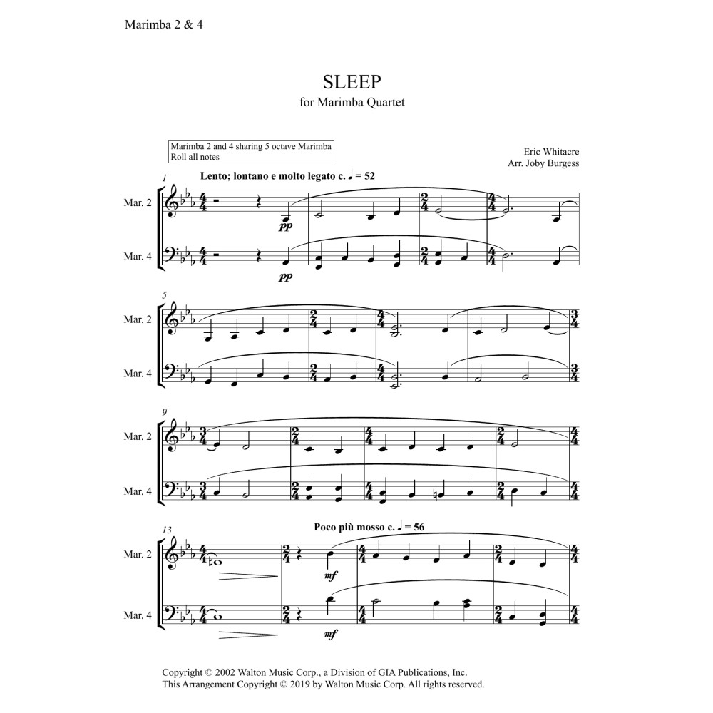 Sleep for Marimba Quartet (arr. Joby Burgess) - MARIMBA 2 & 4