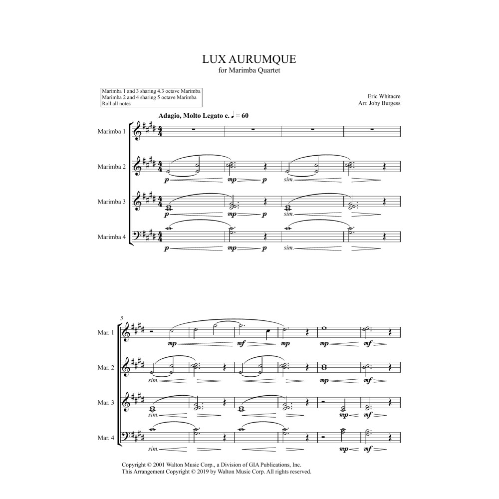 Lux Aurumque for Marimba Quartet (arr. Joby Burgess) - Full Score