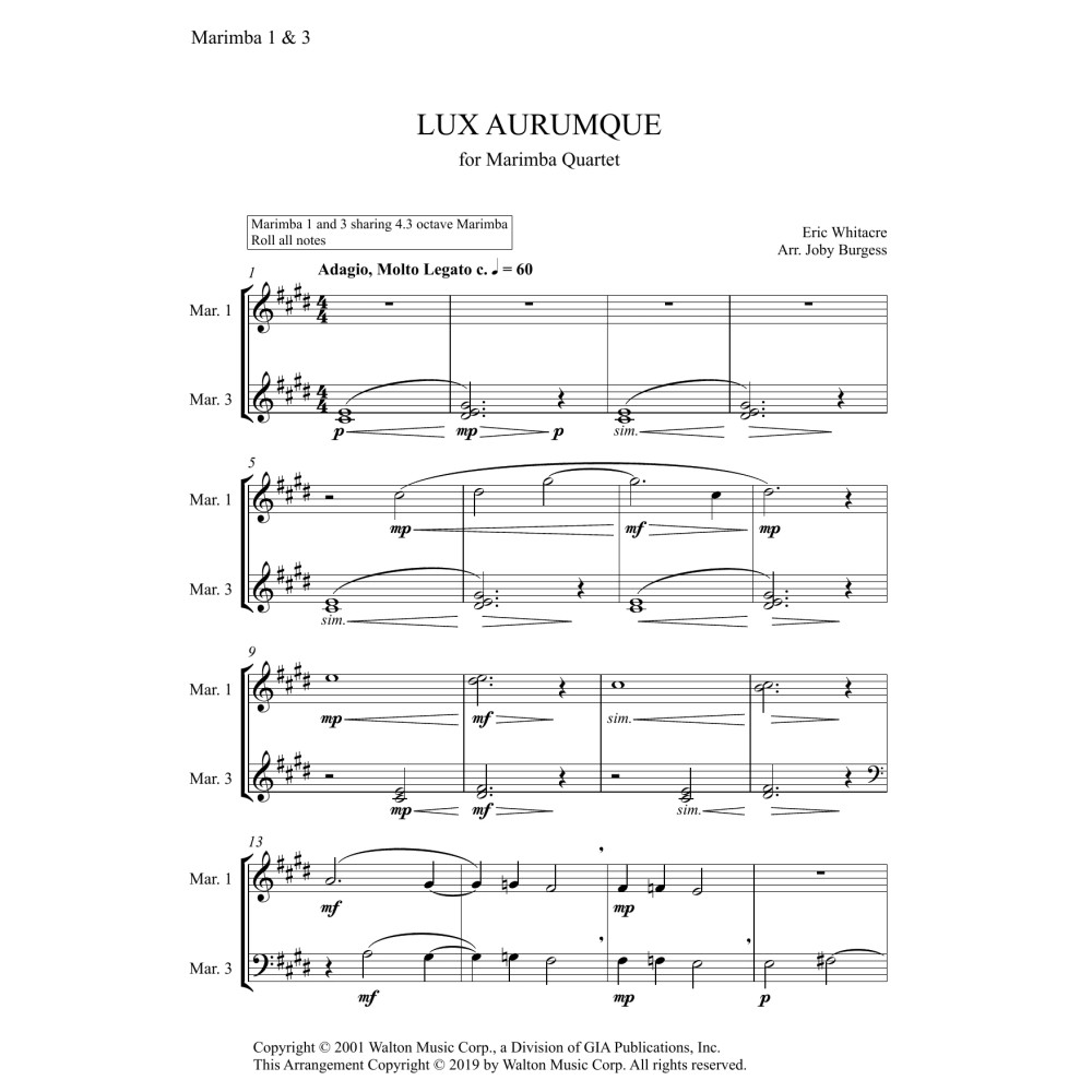 Lux Aurumque for Marimba Quartet (arr. Joby Burgess) - MARIMBA 1 & 3