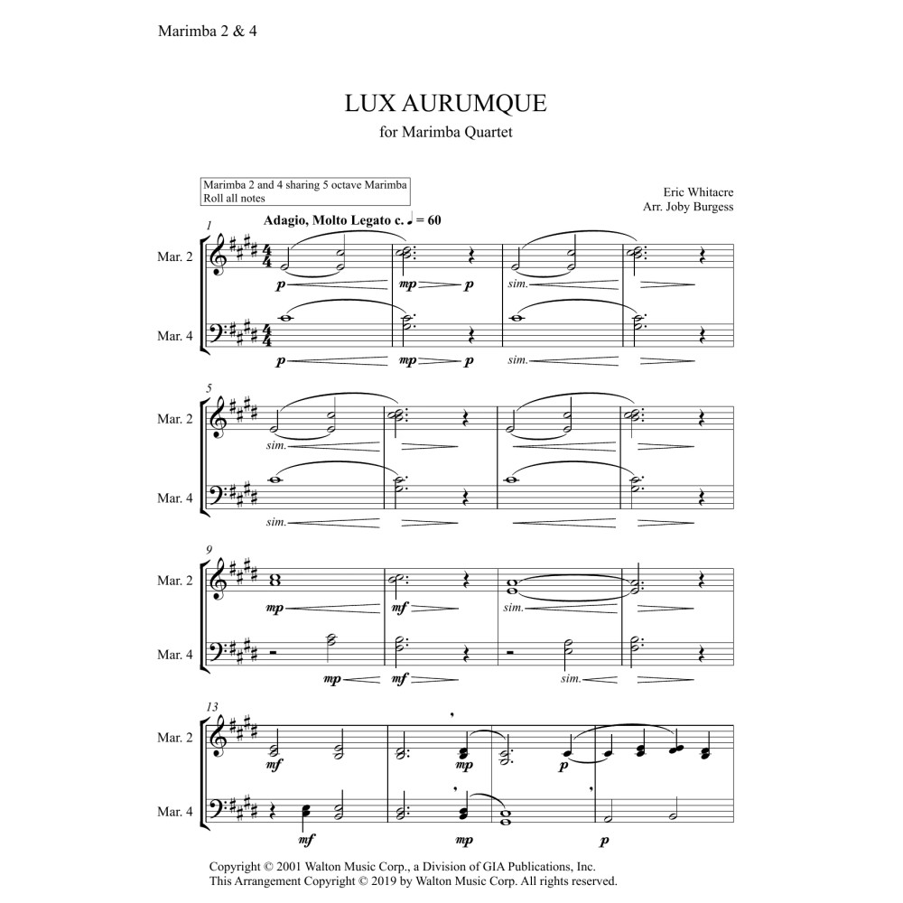 Lux Aurumque for Marimba Quartet (arr. Joby Burgess) - MARIMBA 2 & 4
