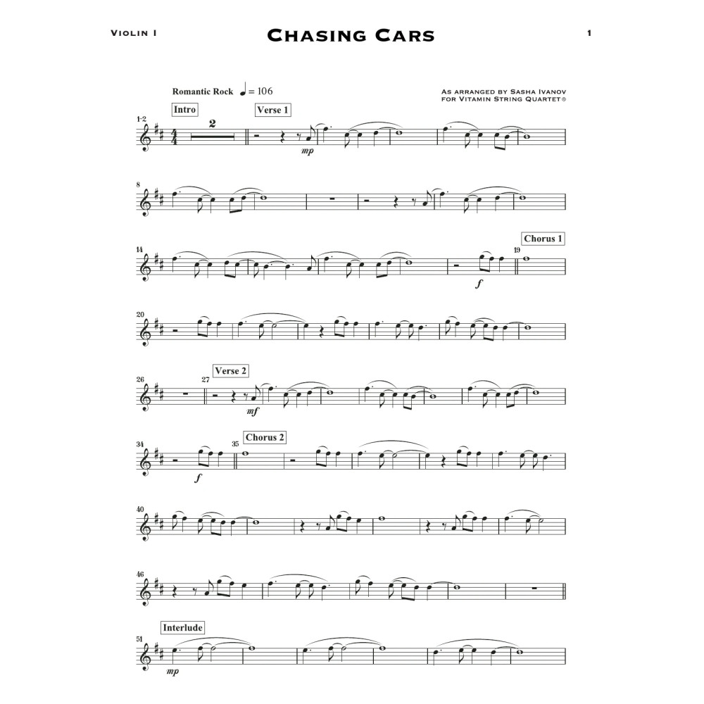 Chasing Cars (arr. Sasha Ivanov) - Violin 1