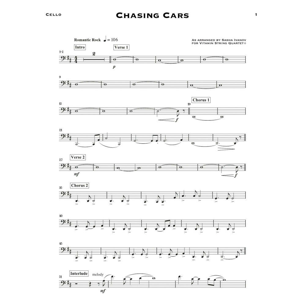 Chasing Cars (arr. Sasha Ivanov) - Cello