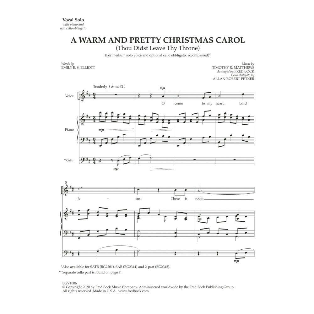 A Warm And Pretty Christmas Carol (with optional cello obbligato)