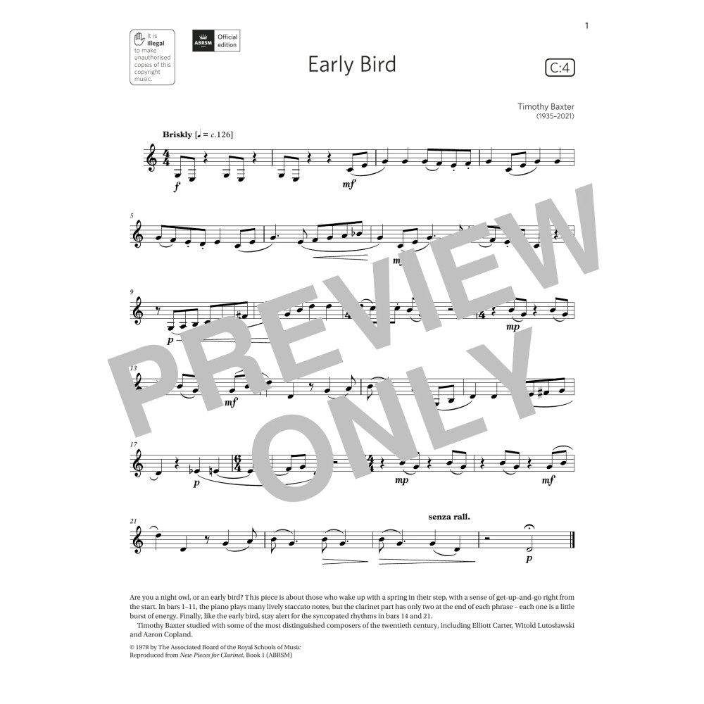 Early Bird (Grade 3 List C4 from the ABRSM Clarinet syllabus from 2022)