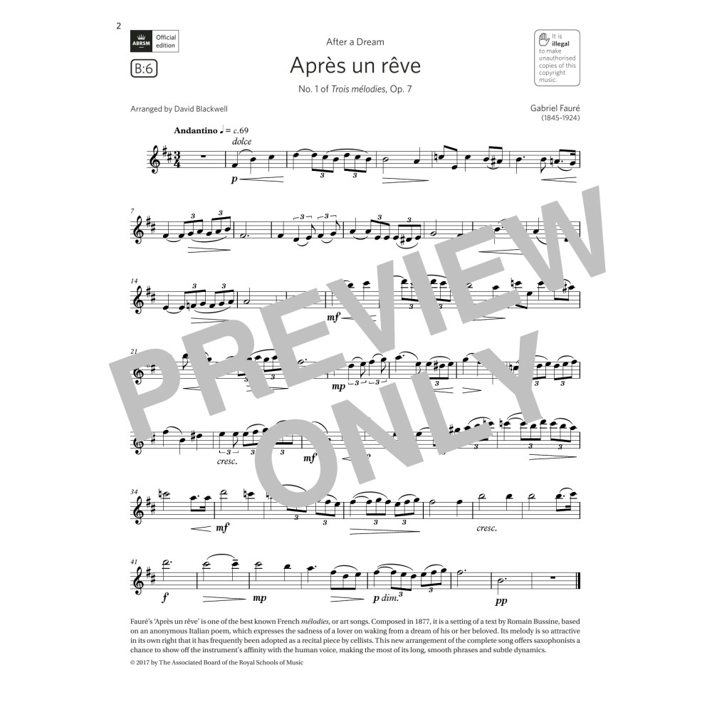Après un rêve (from Trois mélodies, Op. 7) (Grade 5 B6, the ABRSM Saxophone syllabus from 2022)