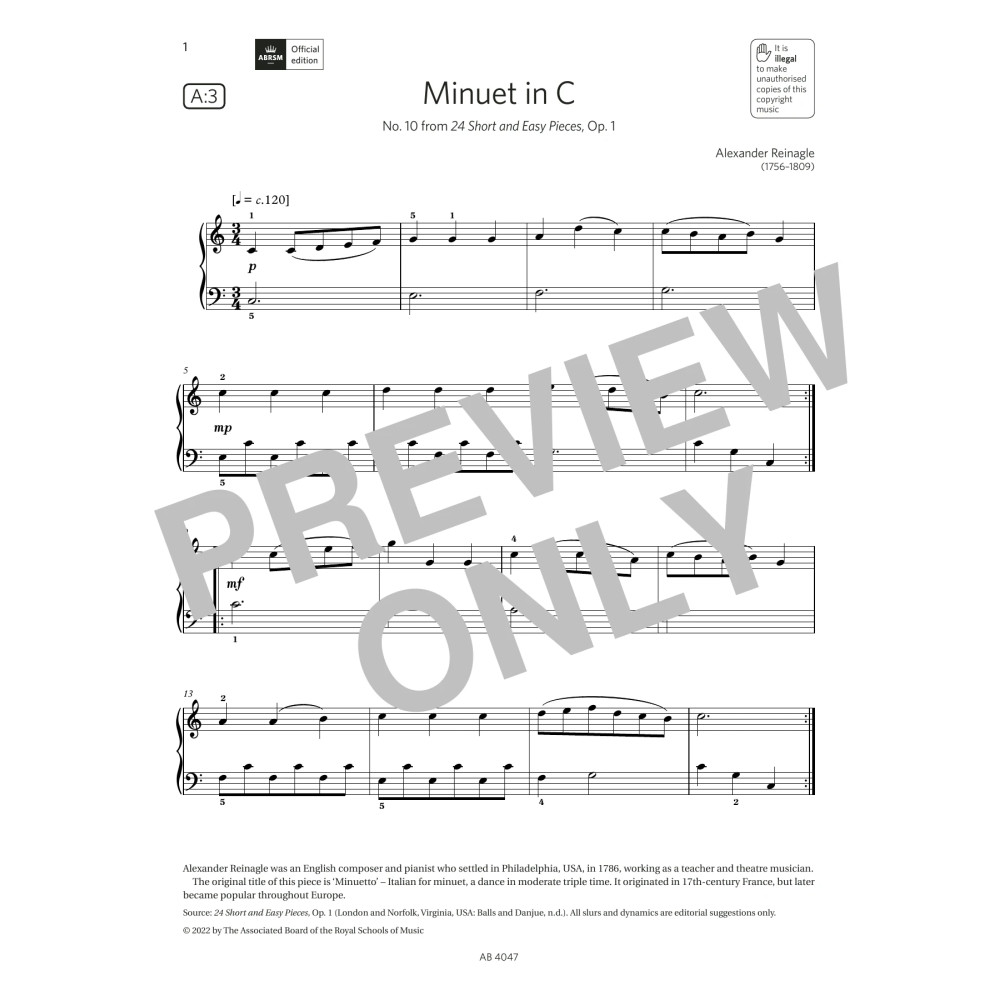 Minuet in C (Grade 1, list A3, from the ABRSM Piano Syllabus 2023 & 2024)