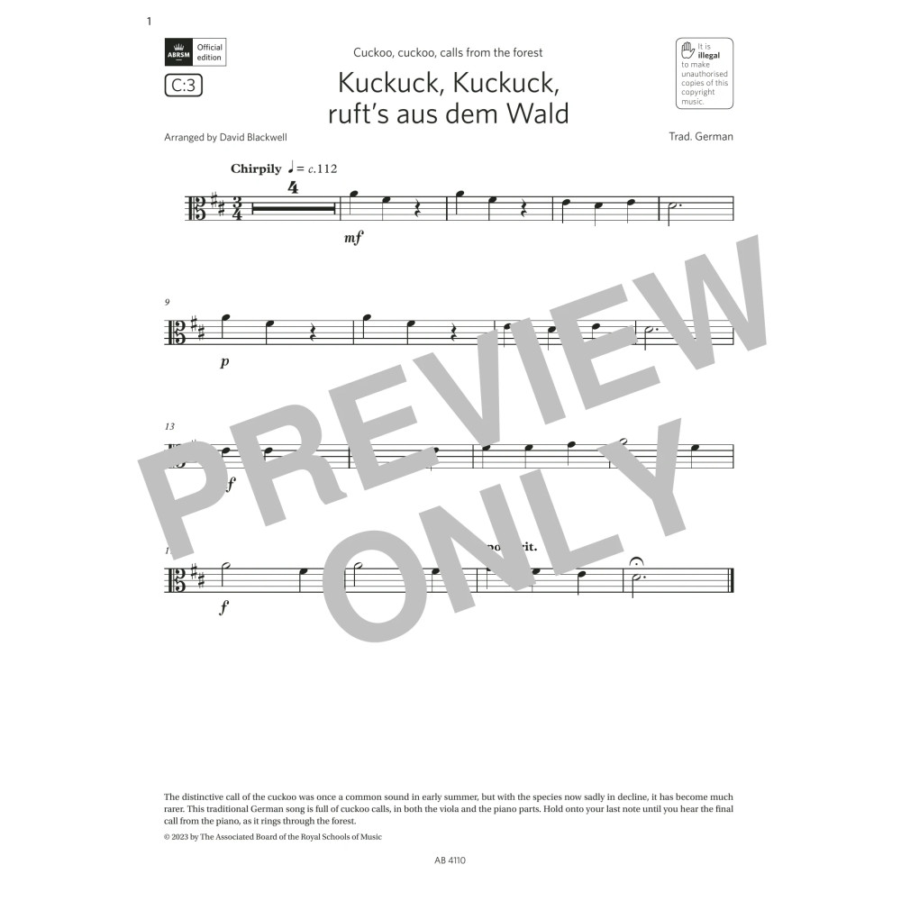 Kuckuck, Kuckuck ruft's aus dem Wald (Grade Initial, C3, from the ABRSM Viola Syllabus from 2024)