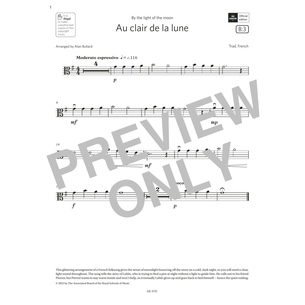 Au clair de la lune (Grade Initial, B3, from the ABRSM Viola Syllabus from 2024)