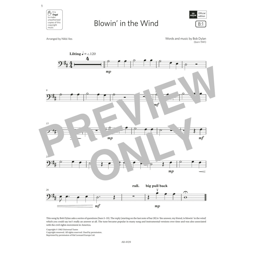 Blowin' in the Wind (Grade Initial, B1, from the ABRSM Double Bass Syllabus from 2024)