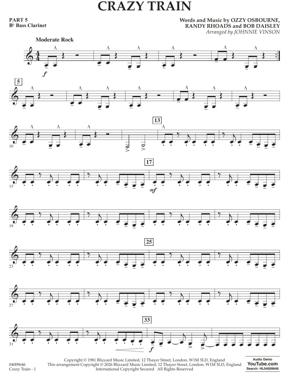 Crazy Train (arr. Johnnie Vinson) - Pt.5 - Bb Bass Clarinet