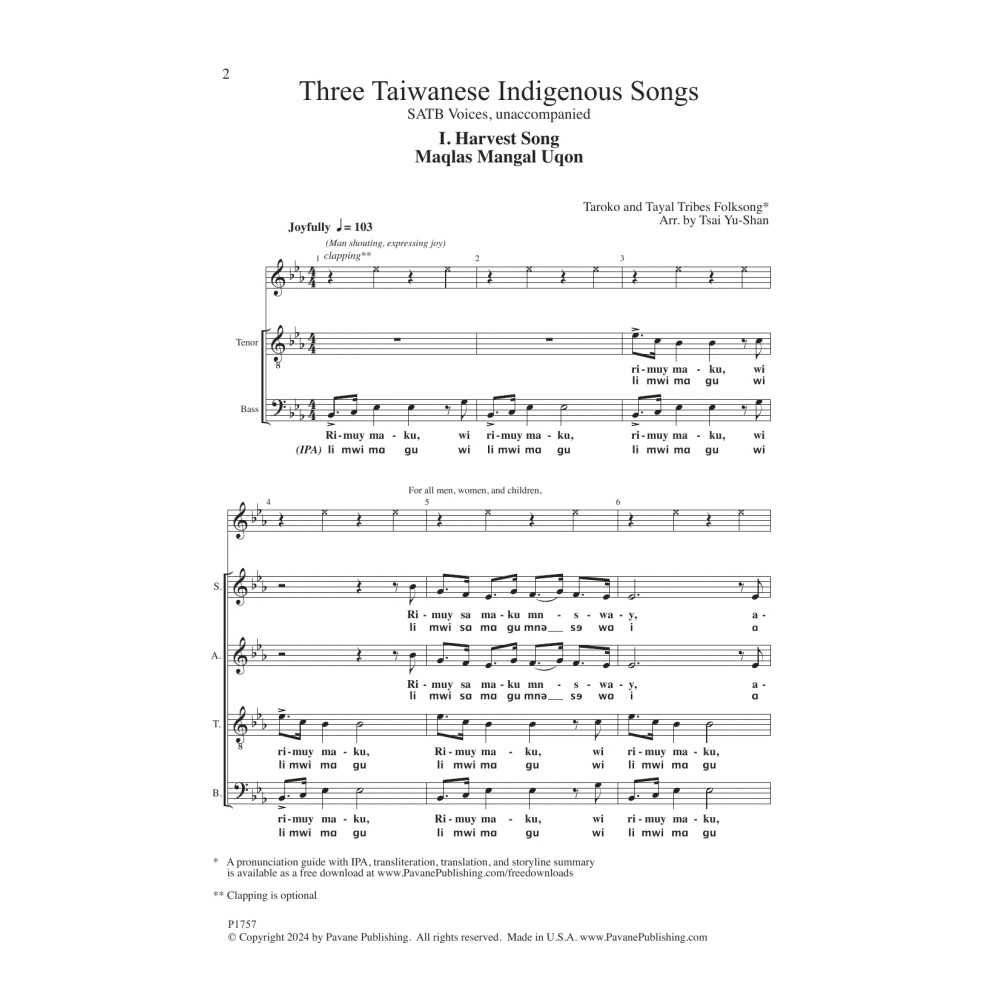 Three Taiwanese Indigenous Songs (arr. Tsai Yu-shan)