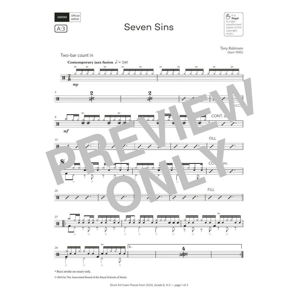 Seven Sins (Grade 8, list A3, from the ABRSM Drum Kit Syllabus 2024)