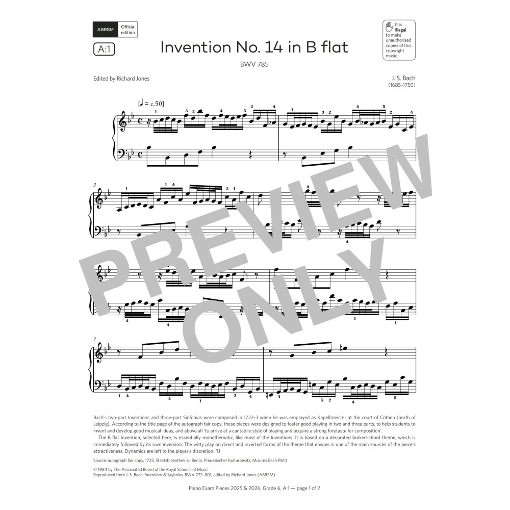 Invention No. 14 in B flat (Grade 6, list A1, from the ABRSM Piano Syllabus 2025 & 2026)