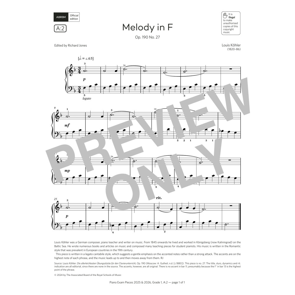 Melody in F (Grade 1, list A2, from the ABRSM Piano Syllabus 2025 & 2026)